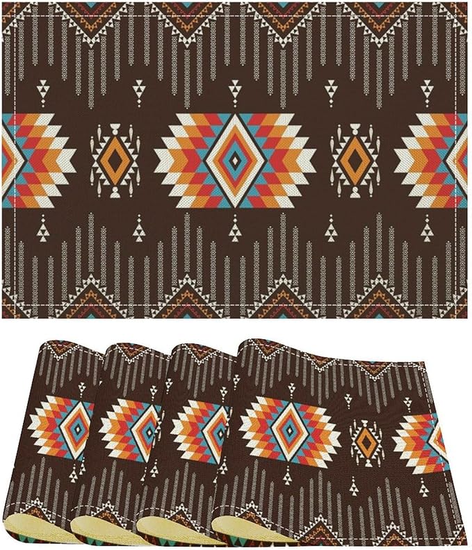 Aztec Tribal Placemats Set of 4 Retro Boho Western Native American Art Printed Dining Table Mats for Restaurant Home Kitchen Holiday Decor 12x18in