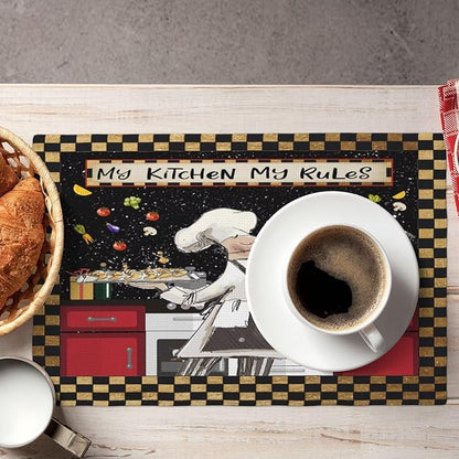 Fat Chef Kitchen Linen Placemats Set of 4 Funny Cooking Theme Placemats for Indoor Outdoor Party Home Desktop Dining Room Decor 12x18 Inch