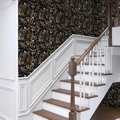 Dark Floral Peel and Stick Wallpaper, Vintage Leaf Pattern Black Gold Self Adhesive Removable Wallpaper for Bedroom Cabinet Kitchen, Vinyl Modern Contact Paper Retro Black Gold 17.5In x 118In