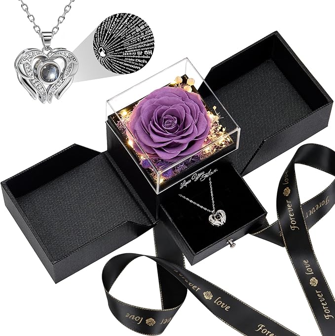 FIACO Gifts for Women Preserved Real Roses with I Love You Necklace Fresh Forever Flowers Birthday Gifts for Mom Grandma Wife Girlfriend on Anniversary Christmas Valentines Romantic Gift