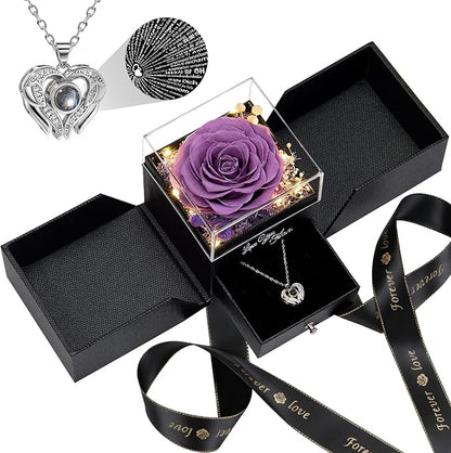 FIACO Gifts for Women Preserved Real Roses with I Love You Necklace Fresh Forever Flowers Birthday Gifts for Mom Grandma Wife Girlfriend on Anniversary Christmas Valentines Romantic Gift
