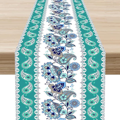 Paisley Table Runner, Rustic Blue Green Bohemian Damask Exotic Flower Cafe Table Center Decor for Home Kitchen Dining Patio Holiday Party Indoor Outdoor Table Decorations 13x72 inch