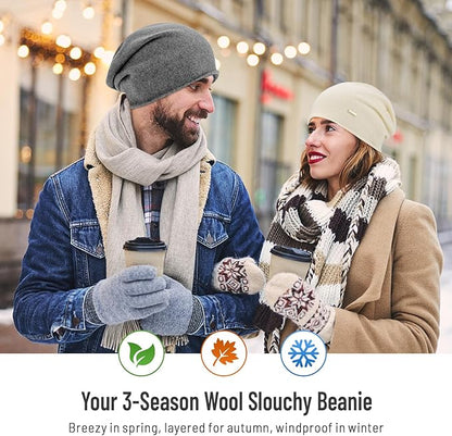 100% Wool Slouchy Beanie, Warm Beanie Hats for Women Breathable Knitting Skull Beanies Cap for Spring Fall Winter