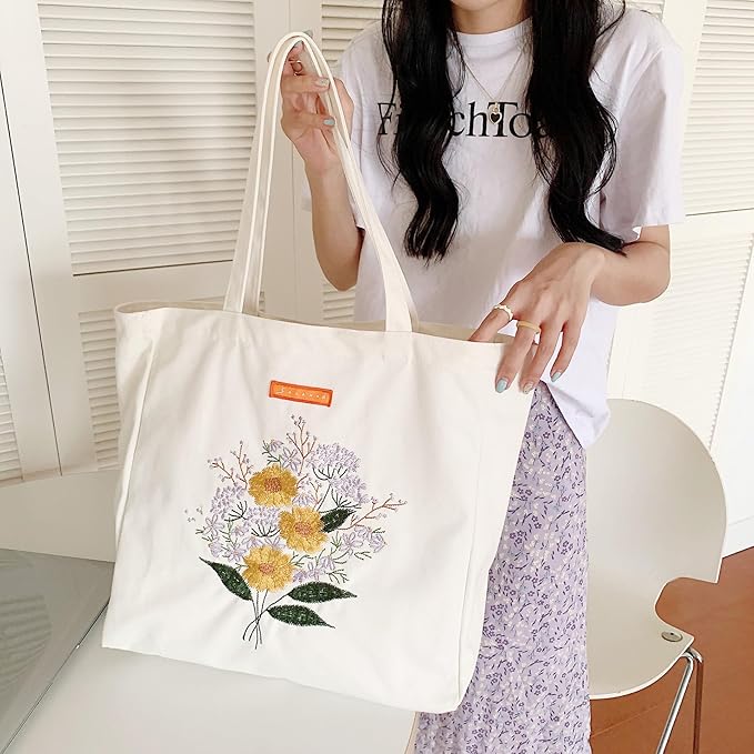 Cotton Canvas Tote Bag Reusable Soft Grocery Cloth Bag Floral Shoulder Bag for Beach Travel Shopping