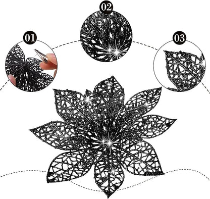 Boao Black 24 Pieces Poinsettia Flower Christmas Glitter Artificial Poinsettia with Clips Christmas Tree Ornament Decorations for DIY Xmas Wreath Holiday Home Party Decor, 3/4/6 Inches