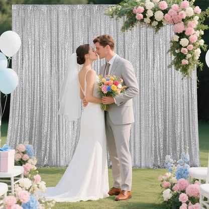 Silver Sequin Backdrop Curtain 4 Pieces 2FTx8FT Glitter Photography Backdrop for Party Wedding Birthday Christmas Decorations