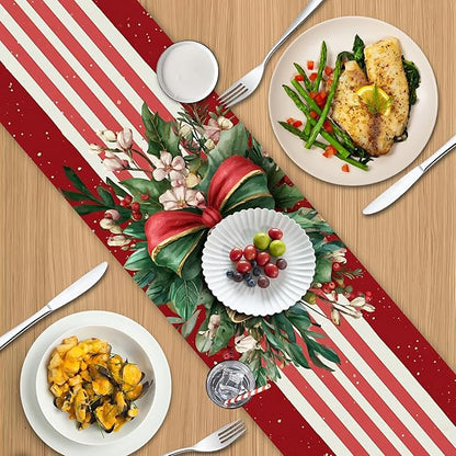 Christmas Table Runner– Elegant Merry Christmas Design with Golden Bell, Greenery & Red Bow, Festive Holiday Table Decoration for Dining Table, Kitchen & Home Décor