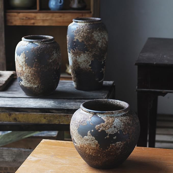 Denique Rustic Vase for Home Decor, Farmhouse Terracotta Vases, Large Ceramic Vase for Living Room Decor, Black Pottery Vase Large Clay Vase, Rustic Farmhouse Tabletop Decor(A-20cm)