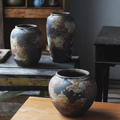 Denique Rustic Vase for Home Decor, Farmhouse Terracotta Vases, Large Ceramic Vase for Living Room Decor, Black Pottery Vase Large Clay Vase, Rustic Farmhouse Tabletop Decor(A-20cm)