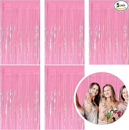 5 Pack Foil Curtain Pink Backdrop Streamers Metallic Tinsel Fringe Curtains Photo Booth Props for Birthday Wedding Engagement Bachelorette Christmas Holiday Celebration Party Decorations