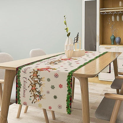 Christmas Table Runner,Xmas Deer Cute Santa Claus Red Plaid Pattern Printed Tablecloth Burlap for Hotel Indoors Outdoor Dining Room Kitchen Home Decor,W13X L36 in