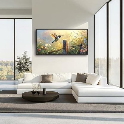 Hummingbird Flower Large Wall Art Farmhouse Framed Wall Decor for Living Room Bird Floral Pictures Oversized Canvas Print Painting Modern Extra Large Framed Artwork for Bedroom Office 60"x30"