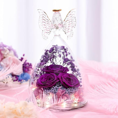 Christmas Rose Gifts for Women Preserved Real Flower in Glass Angel Figurines Roses for Delivery Prime Birthday Gifts for Mom Grandma Girlfriend Wife Her, Full Purple