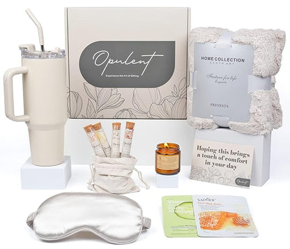 Luxury Self Care Gifts for Women, Get Well Soon Gift Basket, Care Package for Women with Cozy Blanket, 40oz Tumbler, Candle, Bath Salts, Spa Gift Box and Birthday Hug in a Box for Her, Sea Salt