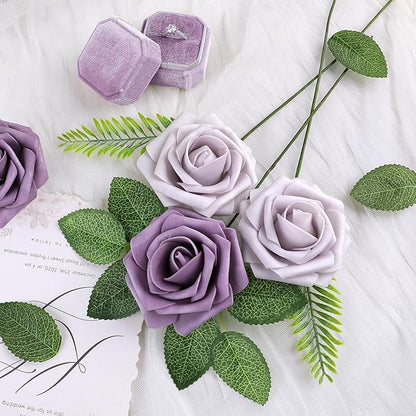 AmyHomie 25pcs Real Looking Artificial Pale Lavender Roses w/Stem for DIY Wedding Bouquets Centerpieces Arrangements Party Baby Shower Valentines Day Christmas Tree Decorations