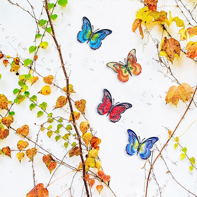 Metal Butterfly Outdoor Wall Decor- 6.5'' 3D Metal Colorful Hanging Double Wings Butterflies for Garden Yard Decoration Outdoor or Indoor Decor, Gifts for Mom Dad Friends (4 Pack)