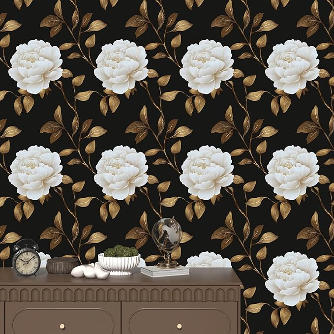 Black Golden Floral Wallpaper Peel and Stick Flowers Contact Paper 17.5in x 118in Vintage Leaf Wall paper Vinyl Waterproof Self Adhesive Dark Botanical Walls Murals for room Cabinet Table Drawer Decor