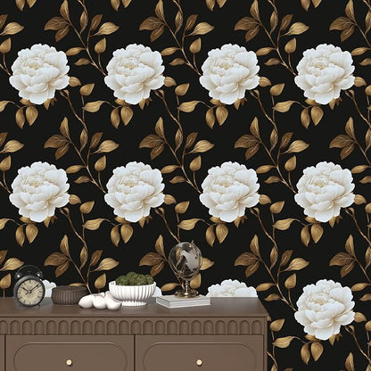 Black Golden Floral Wallpaper Peel and Stick Flowers Contact Paper 17.5in x 118in Vintage Leaf Wall paper Vinyl Waterproof Self Adhesive Dark Botanical Walls Murals for room Cabinet Table Drawer Decor