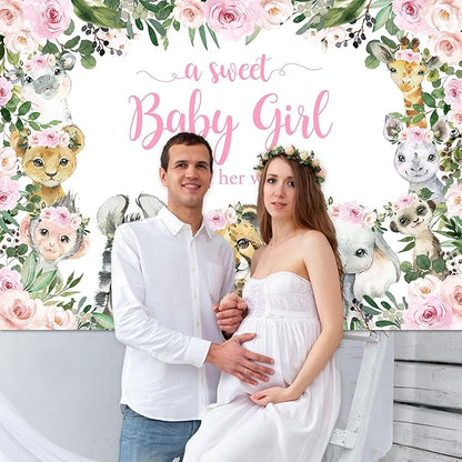 Mocsicka Girl Safari Baby Shower Backdrop Jungle Animals Sweet Baby Girl Background Pink Floral Greenery Baby Shower Party Cake Table Decoration Photo Booth Props (7x5ft)