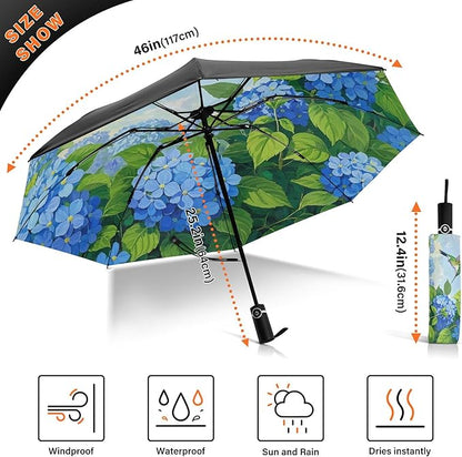Automatic Folding Umbrella Windproof Strong, UV Protection Compact Floral Hydrangea Hummingbird Sun Rain Sun Rain Travel Umbrellas for Women Men