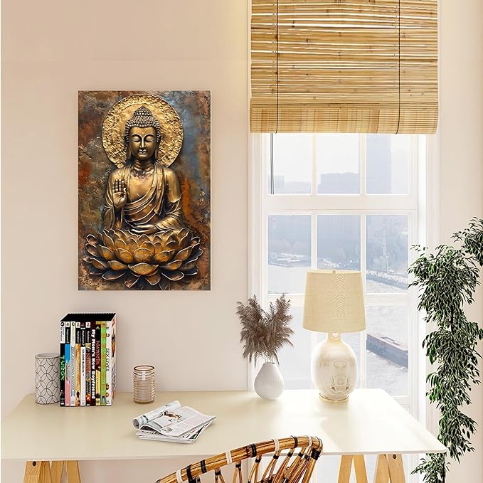 Buddha Wall Art Golden Buddha in Lotus Seat Serene spiritual statue radiant aura Meditation and mindfulness wall art suitable for sacred spaces 8x12in Wood Framed