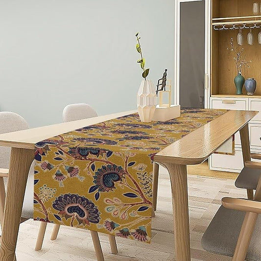 Boho Floral Table Runner, Mustard Yellow Paisley Floral Vintage Farmhouse Table Runner for Kitchen Dining Holiday Party Decor, 13x36 Inch