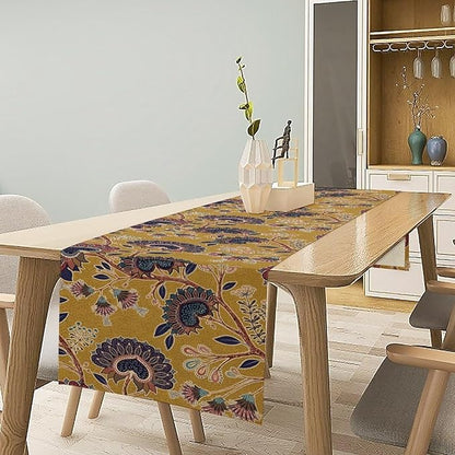 Boho Floral Table Runner, Mustard Yellow Paisley Floral Vintage Farmhouse Table Runner for Kitchen Dining Holiday Party Decor, 13x90 Inch