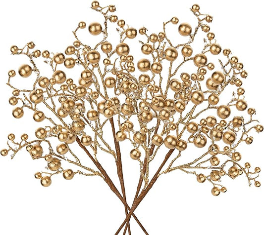 Hollyone 4 Pack Artificial Christmas Glitter Berries Stems, 19 Inch Fake Gold Holly Berry Picks with Ice Snow for Xmas Tree Wreath Floral Arrangements Holiday Home Vase DIY Crafts Decor