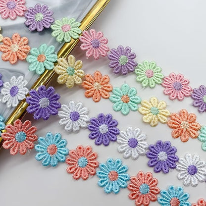 15 Yards Daisy Flower Lace Trim Embroidered Floral Lace Sewing Trim Ribbons for Embellishment Craft Dress Hair Accessories Decorations(Pink/Blue)
