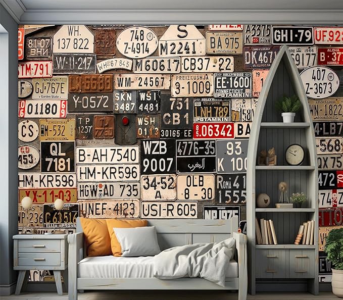 Eierme-Old License Plates from Around The World Mural Wallpaper Peel and Stick 160" x 114"