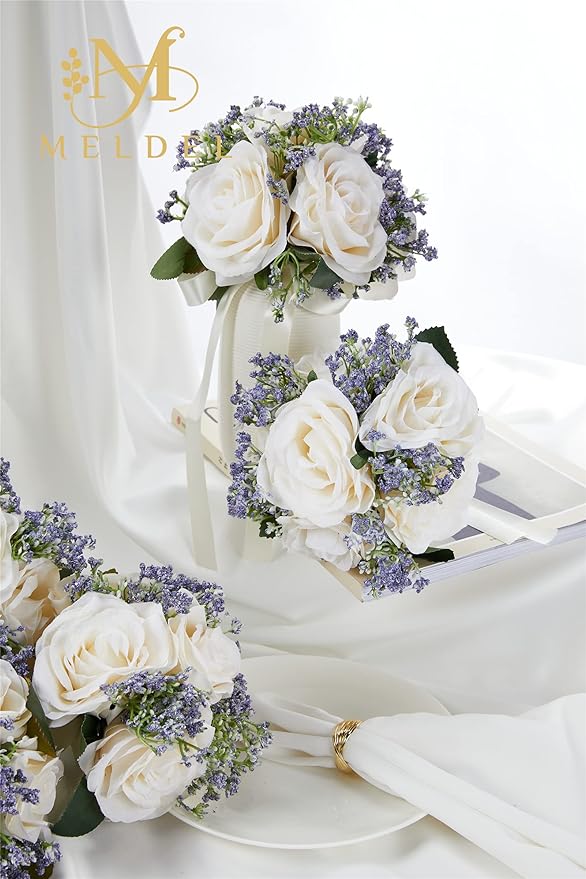 Meldel 6.5 Inch Ivory Bridesmaid Bouquets, Set of 2, Small Rose Artificial Wedding Bouquet Centerpiece Decorations for Wedding