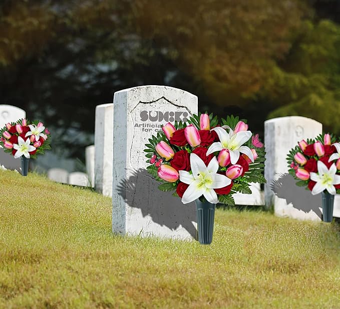 SUHOOKOO Artificial Cemetery Flowers for Outdoor Grave Decorations - Non-Bleed Colors, and Easy Fit - Pink Tulip，White Lily and Red Rose Bouquet