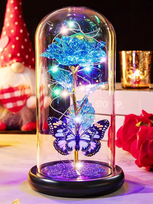 Pusuny Christmas Rose Gifts for Women Galaxy Glass Rose Forever Eternal Crystal Flower Birthday Gift Light Up Roses in Glass Dome with Butterfly Xmas Gifts for Women Mom Grandma Wife Her Sister Blue