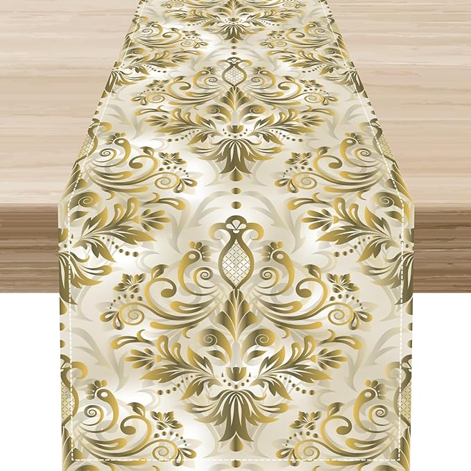 Damask Table Runner, Vintage Traditional Farmhouse Boho Floral Linen Coffee Table Center Decor for Family Kitchen Farmhouse Holiday Party Table Decorations Indoor Outdoor 13x36 inch