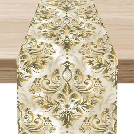 Damask Table Runner, Vintage Traditional Farmhouse Boho Floral Linen Coffee Table Center Decor for Family Kitchen Farmhouse Holiday Party Table Decorations Indoor Outdoor 13x36 inch