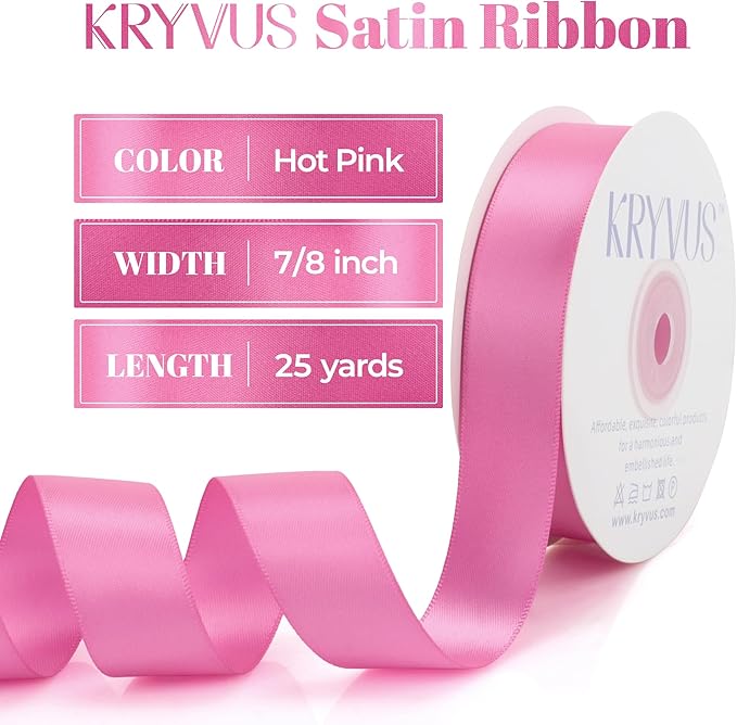 Hot Pink Satin Ribbon, Double Faced 7/8 Inch X 25 Yards Hot Pink Ribbon, Premium Satin Ribbon for Gift Wrapping, Crafts, Hair Bow Making, Sewing, Flower Bouquet, Wedding Party Decor