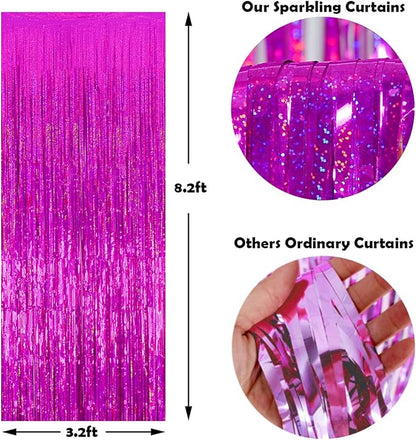Melsan 2 Pack 3.2 ft x 8.2 ft Hot Pink Tinsel Foil Fringe Curtains Backdrop, Sparkle Foil Tinsel Curtains for Party Picture Area Decoration, Rose Red