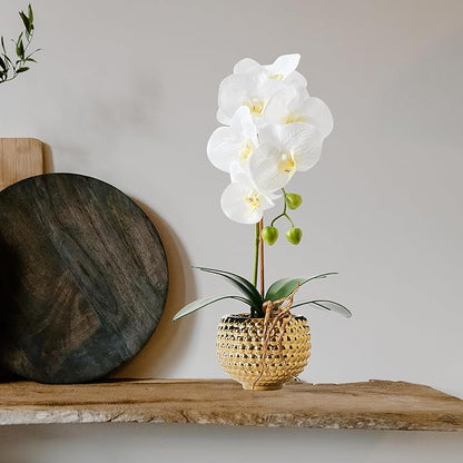 Orchids Artificial Flowers, 15" Faux Orchid in Gold Flower Pot Real Touch Flowers in Pot Large Flower Arrangements Artificial Centerpiece for Home Living Room Bathroom Kitchen Decoration (White)
