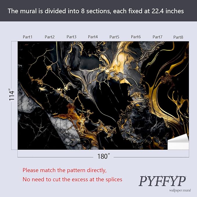 PYFFYP- Abstract Black and Gold Marble Wallpaper murals for Bathroom(Not Peel and Stick)