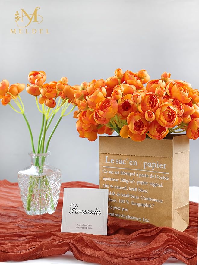 Meldel 32pcs Ranunculus Artificial Flower, Faux Silk Mini Orange Ranunculus Flowers for DIY Bouquet, Bulk Fake Peony Wedding Filler Flowers for Centerpieces Arrangements Bridal Shower Decorations