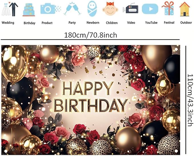 Red and Black Rose Happy Birthday Backdrop Banner Gold Balloon Photography Background Women Birthday Party Decorations Elegant Floral Birthday Supplies Photo Booth Props 71x43 Inch