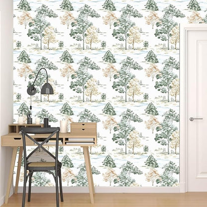 Trees Wallpaper Peel and Stick, White/Green/Yellow Forest Contact Paper, Modern Botanical Landscape Woodland Wall Paper Self Adhesive Waterproof Removable for Shelves Cabinet Drawer Table 17.5" x 118"