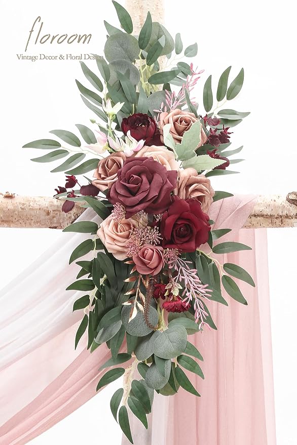 Floroom Arch Flowers with Drapes Kit (Pack of 4) - 2pcs Artificial Marsala & Champagne Floral Swag Arrangement with 2pcs Draping Fabric for Wedding Ceremony Arbor and Reception Backdrop Decoration
