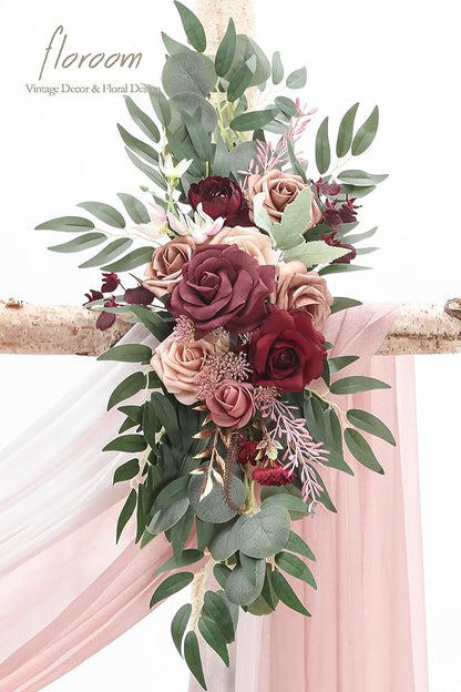 Floroom Arch Flowers with Drapes Kit (Pack of 4) - 2pcs Artificial Marsala & Champagne Floral Swag Arrangement with 2pcs Draping Fabric for Wedding Ceremony Arbor and Reception Backdrop Decoration