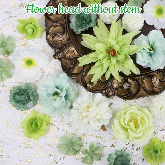 56pcs Faux Flower Heads for Crafts Artificial Green Real Looking Fake Rose Peony Hydrangea Flowers for Craft Garland Wedding Party DIY Home Decoration