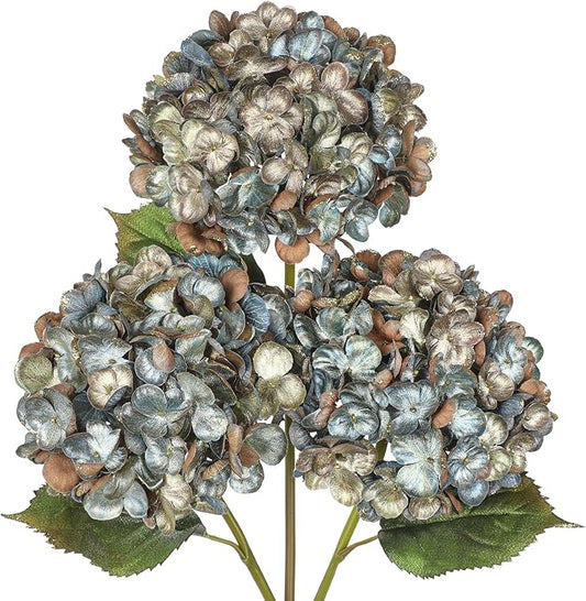 Hollyone 3Pcs Christmas Flowers Artificial Hydrangea Flowers with Stems 23inch Glitter Fake Hydrangea Flower Blue Floral Arrangements Bouquets Xmas Faux Hydrangea Wedding Party Christmas Home Decor