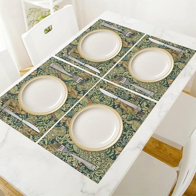 William Morris Floral Animal Placemats Set of 6, Vintage Botanical Plant Birds Rabbit Place Mats, Heat Resistant Non Slip Cotton Linen Dining Table Mats for Home Kitchen Party 18x12 Inch