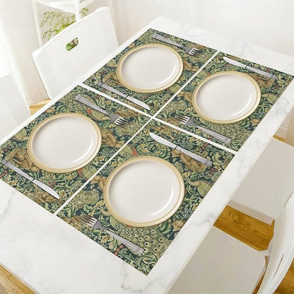 William Morris Floral Animal Placemats Set of 6, Vintage Botanical Plant Birds Rabbit Place Mats, Heat Resistant Non Slip Cotton Linen Dining Table Mats for Home Kitchen Party 18x12 Inch
