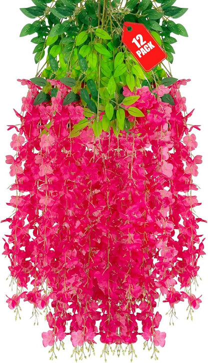 12 Pack Fuchsia Wisteria Hanging Flowers, 3.44 Ft Fake Hanging Flowers, Artificial Wisteria Garland Vines for Wedding Room Backdrop Outdoor Patio Garden Decoration
