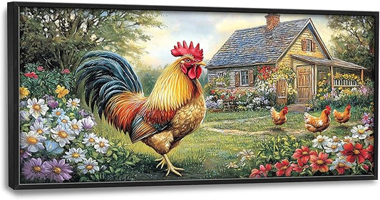 Farmhouse Chicken Large Decor Framed Wall Art Country Rooster Pictures for Living Room, Oversized Canvas Print Painting Modern Extra Large Framed Artwork for Bedroom Office Home Decor 60"x30"